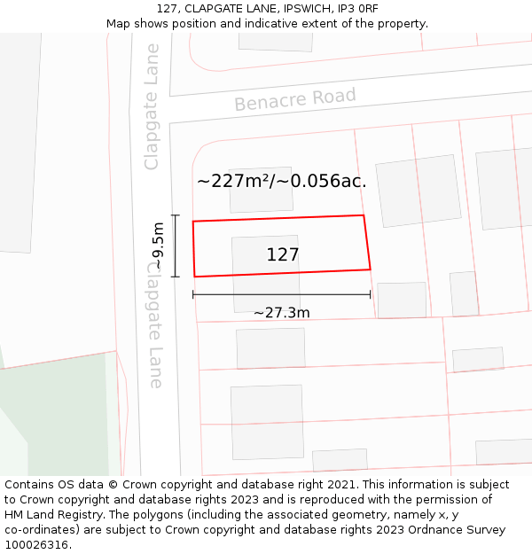 127, CLAPGATE LANE, IPSWICH, IP3 0RF: Plot and title map