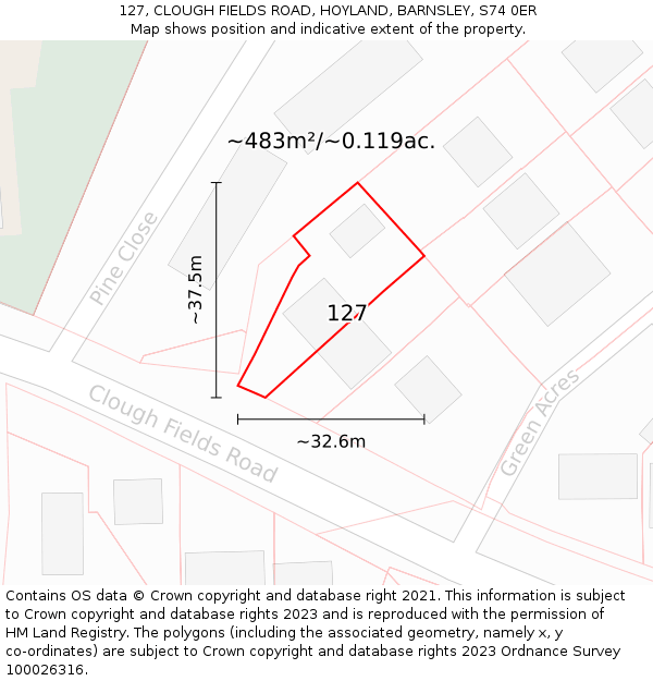 127, CLOUGH FIELDS ROAD, HOYLAND, BARNSLEY, S74 0ER: Plot and title map