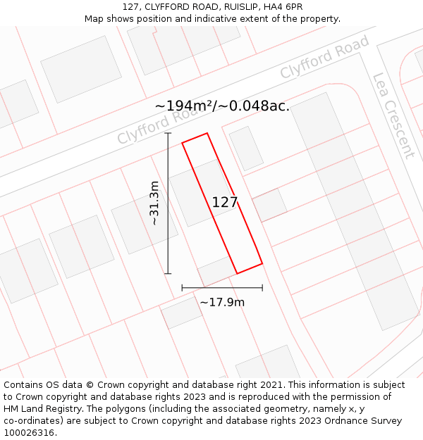 127, CLYFFORD ROAD, RUISLIP, HA4 6PR: Plot and title map