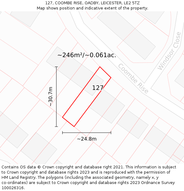 127, COOMBE RISE, OADBY, LEICESTER, LE2 5TZ: Plot and title map
