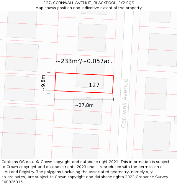 127, CORNWALL AVENUE, BLACKPOOL, FY2 9QS: Plot and title map