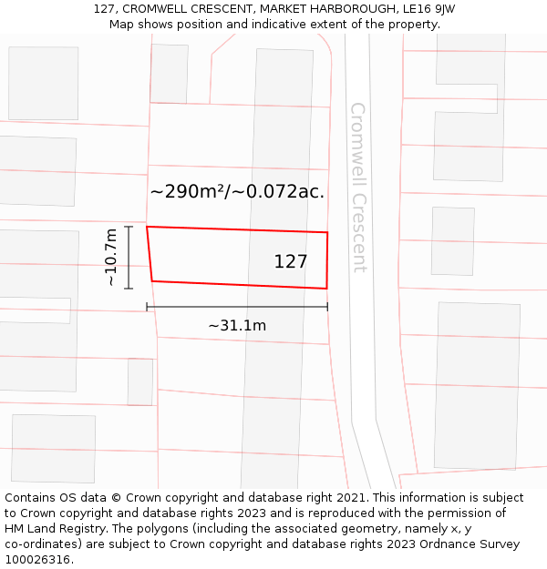 127, CROMWELL CRESCENT, MARKET HARBOROUGH, LE16 9JW: Plot and title map