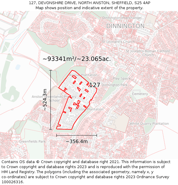 127, DEVONSHIRE DRIVE, NORTH ANSTON, SHEFFIELD, S25 4AP: Plot and title map