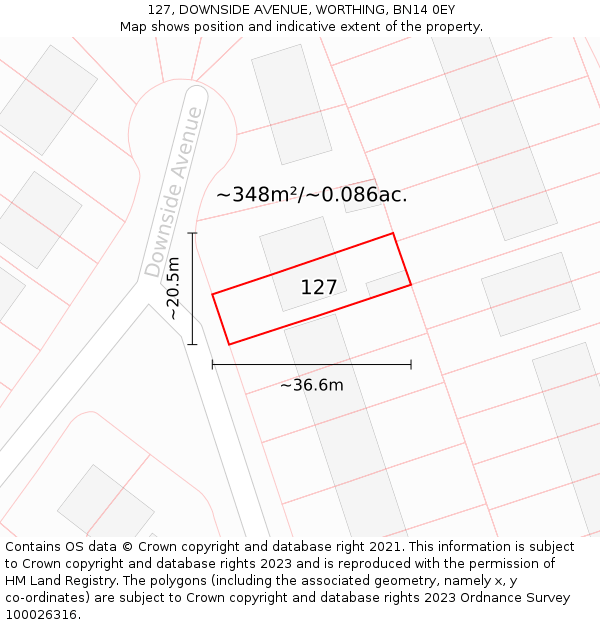 127, DOWNSIDE AVENUE, WORTHING, BN14 0EY: Plot and title map