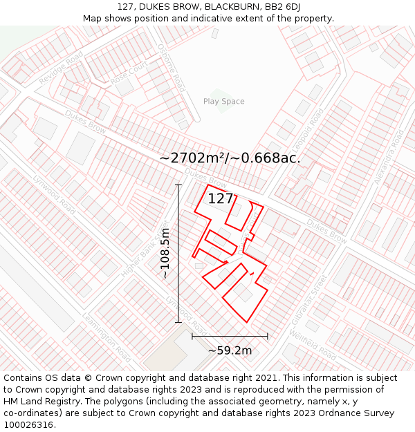 127, DUKES BROW, BLACKBURN, BB2 6DJ: Plot and title map