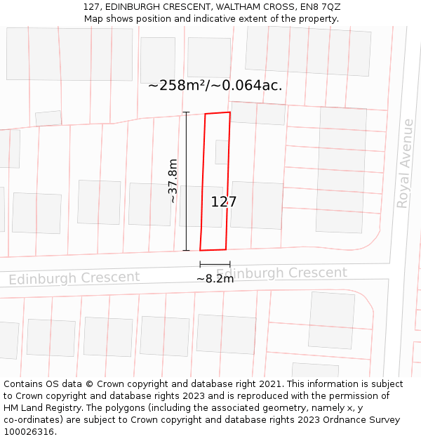 127, EDINBURGH CRESCENT, WALTHAM CROSS, EN8 7QZ: Plot and title map