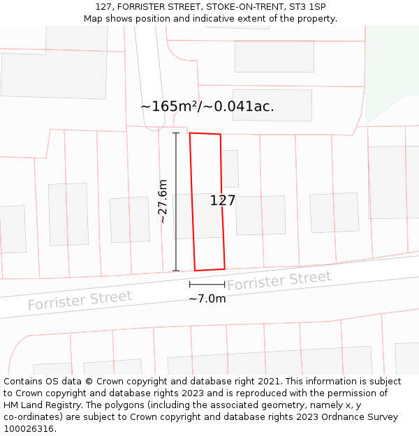 127, FORRISTER STREET, STOKE-ON-TRENT, ST3 1SP: Plot and title map