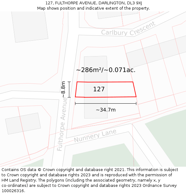 127, FULTHORPE AVENUE, DARLINGTON, DL3 9XJ: Plot and title map