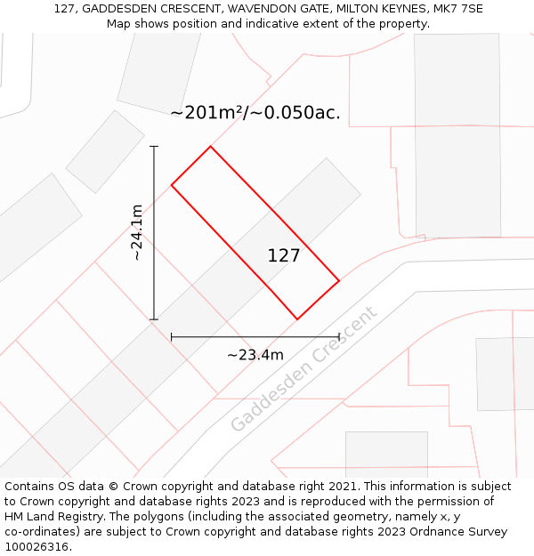 127, GADDESDEN CRESCENT, WAVENDON GATE, MILTON KEYNES, MK7 7SE: Plot and title map