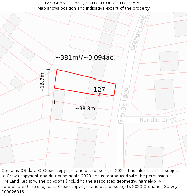 127, GRANGE LANE, SUTTON COLDFIELD, B75 5LL: Plot and title map