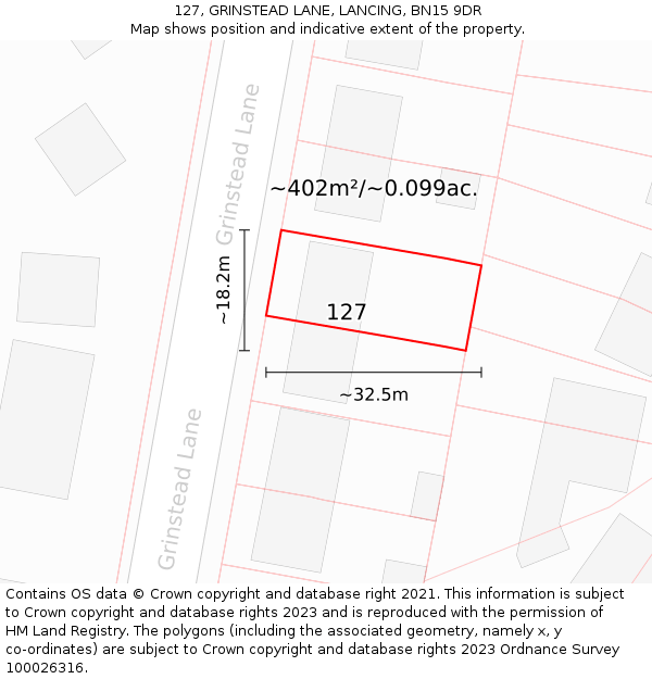 127, GRINSTEAD LANE, LANCING, BN15 9DR: Plot and title map