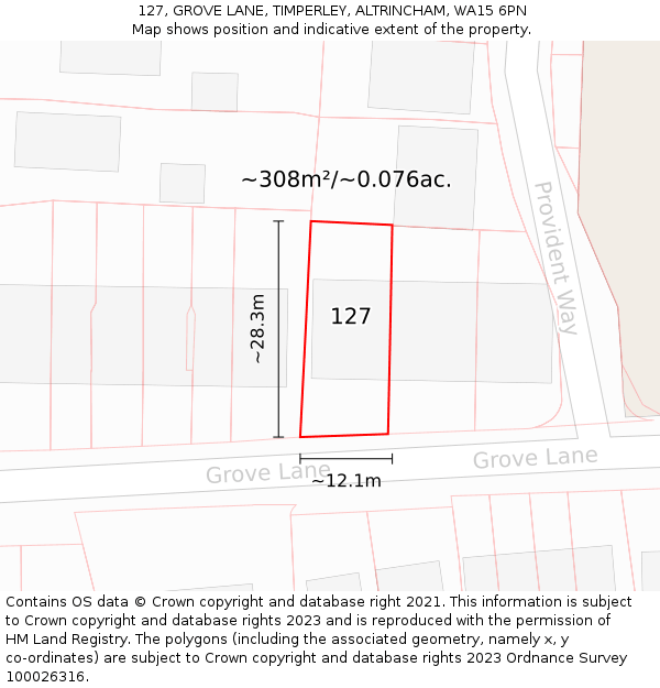 127, GROVE LANE, TIMPERLEY, ALTRINCHAM, WA15 6PN: Plot and title map