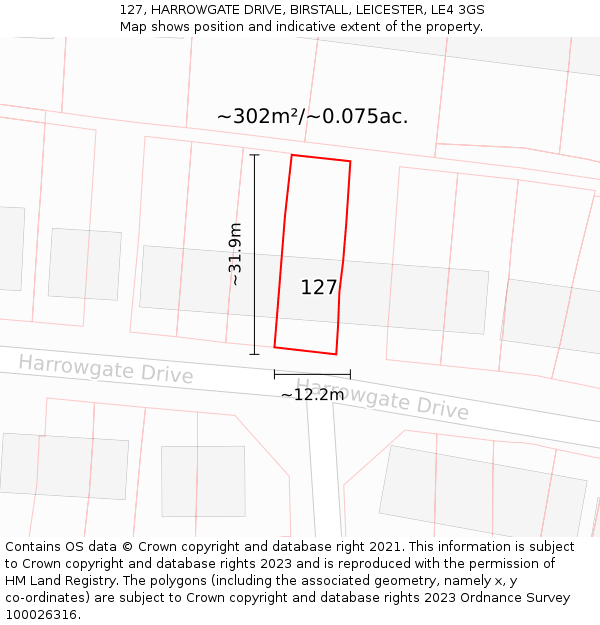 127, HARROWGATE DRIVE, BIRSTALL, LEICESTER, LE4 3GS: Plot and title map