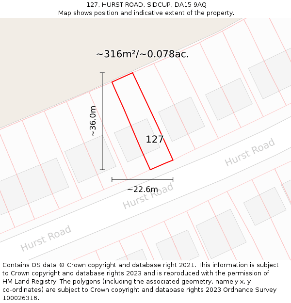 127, HURST ROAD, SIDCUP, DA15 9AQ: Plot and title map