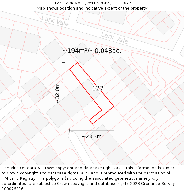 127, LARK VALE, AYLESBURY, HP19 0YP: Plot and title map