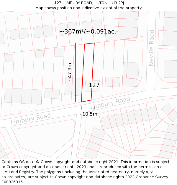 127, LIMBURY ROAD, LUTON, LU3 2PJ: Plot and title map