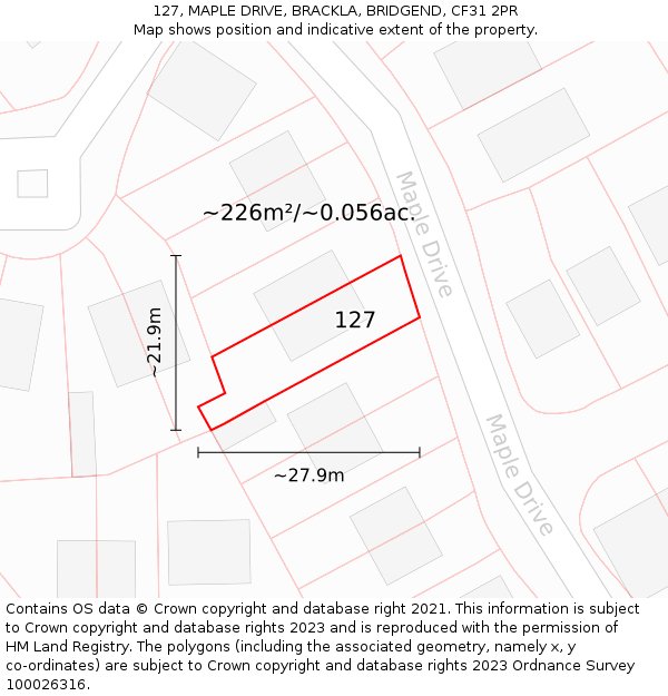 127, MAPLE DRIVE, BRACKLA, BRIDGEND, CF31 2PR: Plot and title map