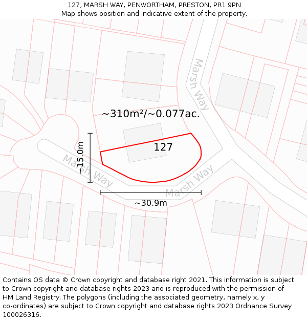 127, MARSH WAY, PENWORTHAM, PRESTON, PR1 9PN: Plot and title map