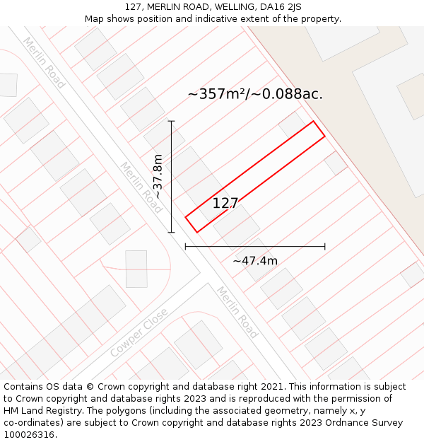 127, MERLIN ROAD, WELLING, DA16 2JS: Plot and title map