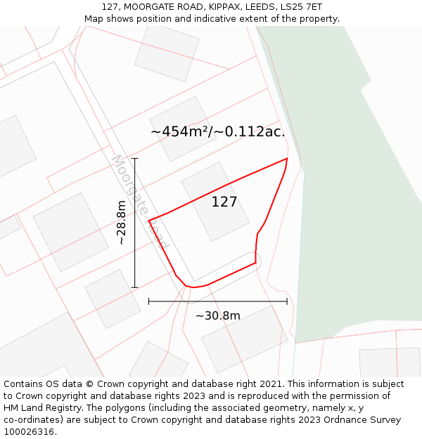 127, MOORGATE ROAD, KIPPAX, LEEDS, LS25 7ET: Plot and title map
