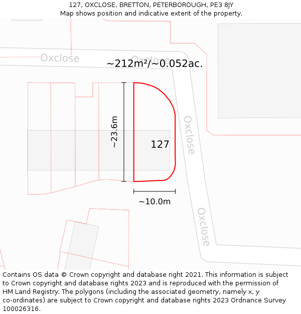 127, OXCLOSE, BRETTON, PETERBOROUGH, PE3 8JY: Plot and title map