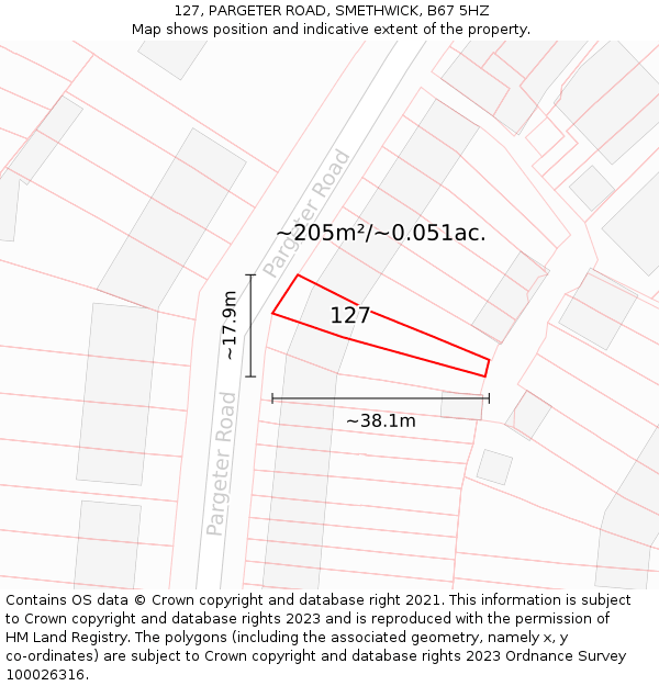 127, PARGETER ROAD, SMETHWICK, B67 5HZ: Plot and title map