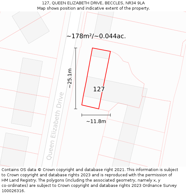 127, QUEEN ELIZABETH DRIVE, BECCLES, NR34 9LA: Plot and title map