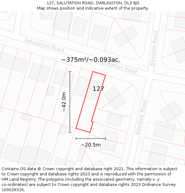 127, SALUTATION ROAD, DARLINGTON, DL3 8JS: Plot and title map