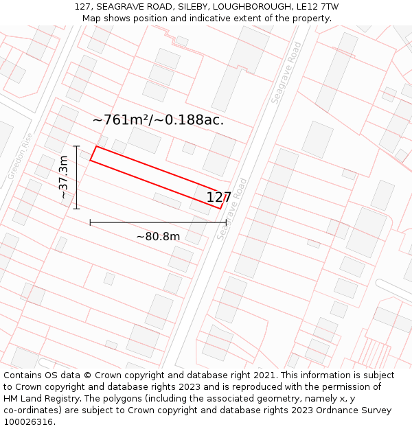 127, SEAGRAVE ROAD, SILEBY, LOUGHBOROUGH, LE12 7TW: Plot and title map