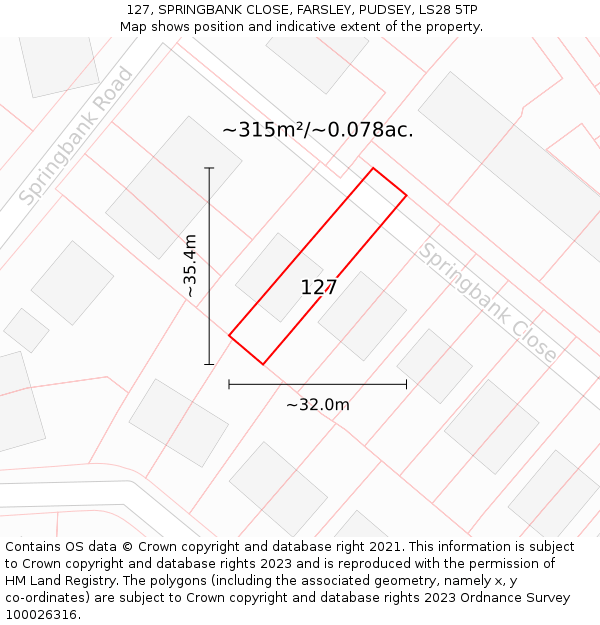127, SPRINGBANK CLOSE, FARSLEY, PUDSEY, LS28 5TP: Plot and title map
