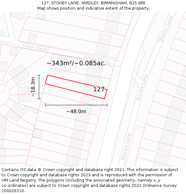 127, STONEY LANE, YARDLEY, BIRMINGHAM, B25 8RE: Plot and title map