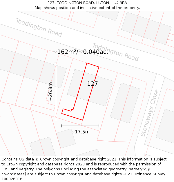 127, TODDINGTON ROAD, LUTON, LU4 9EA: Plot and title map