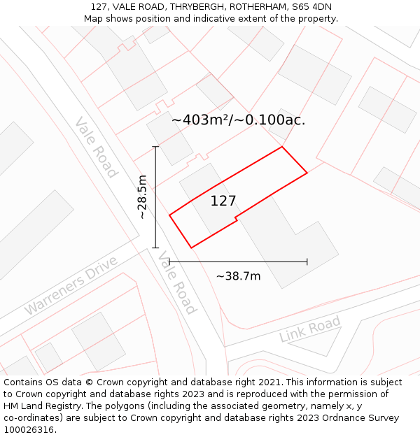 127, VALE ROAD, THRYBERGH, ROTHERHAM, S65 4DN: Plot and title map