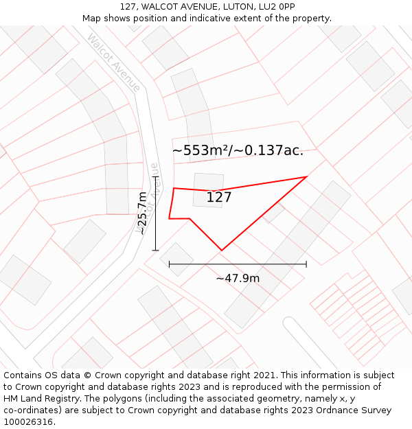 127, WALCOT AVENUE, LUTON, LU2 0PP: Plot and title map