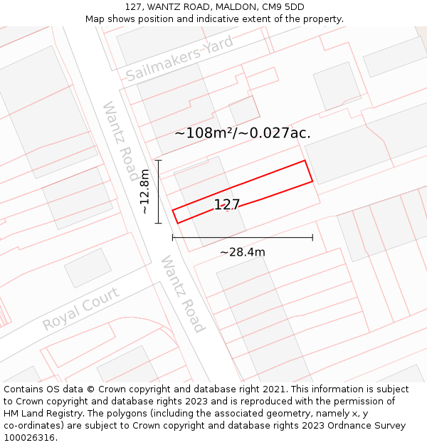 127, WANTZ ROAD, MALDON, CM9 5DD: Plot and title map