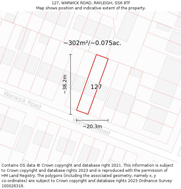 127, WARWICK ROAD, RAYLEIGH, SS6 8TF: Plot and title map