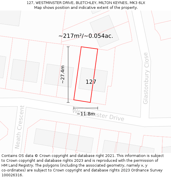 127, WESTMINSTER DRIVE, BLETCHLEY, MILTON KEYNES, MK3 6LX: Plot and title map