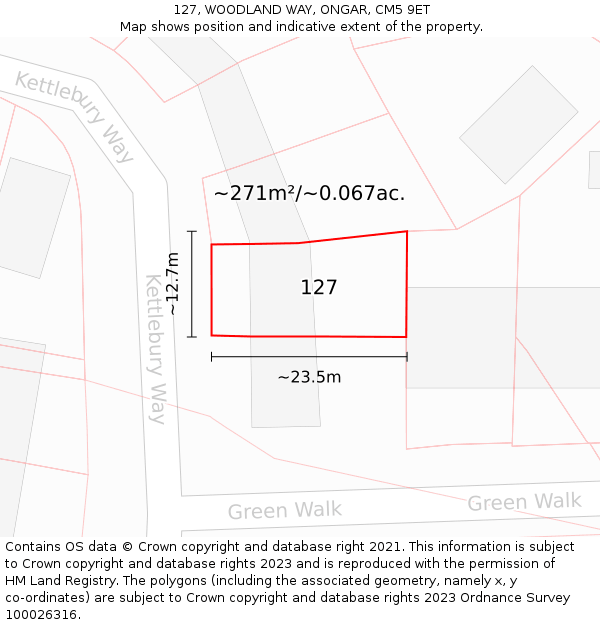 127, WOODLAND WAY, ONGAR, CM5 9ET: Plot and title map