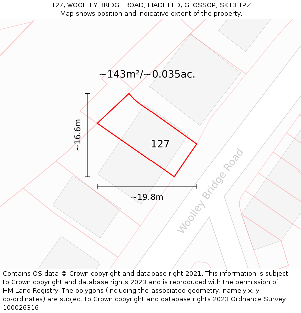 127, WOOLLEY BRIDGE ROAD, HADFIELD, GLOSSOP, SK13 1PZ: Plot and title map