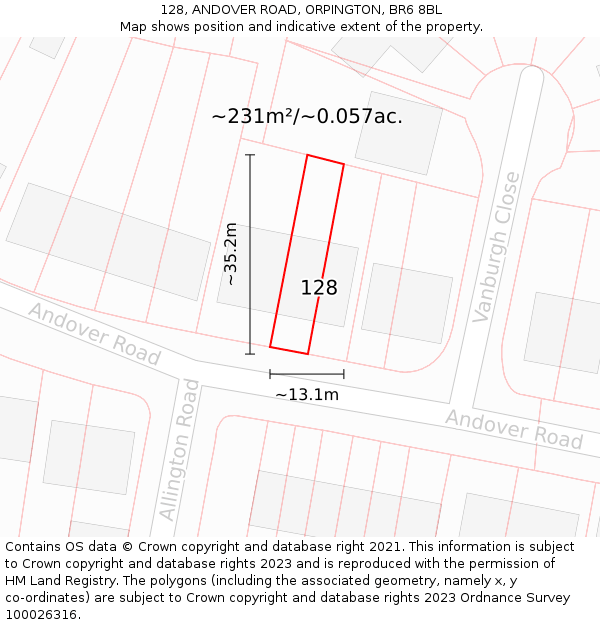 128, ANDOVER ROAD, ORPINGTON, BR6 8BL: Plot and title map