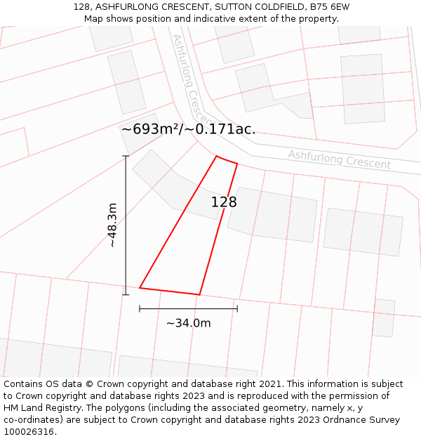128, ASHFURLONG CRESCENT, SUTTON COLDFIELD, B75 6EW: Plot and title map