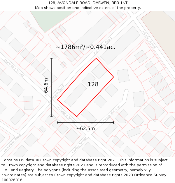 128, AVONDALE ROAD, DARWEN, BB3 1NT: Plot and title map