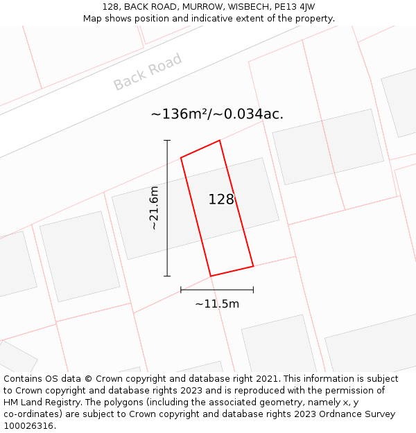 128, BACK ROAD, MURROW, WISBECH, PE13 4JW: Plot and title map