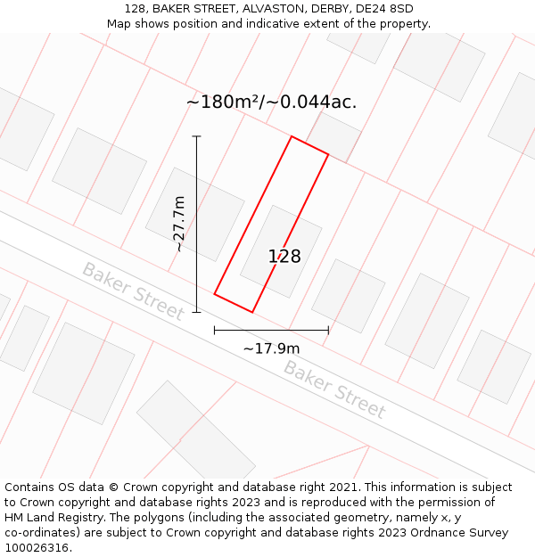 128, BAKER STREET, ALVASTON, DERBY, DE24 8SD: Plot and title map