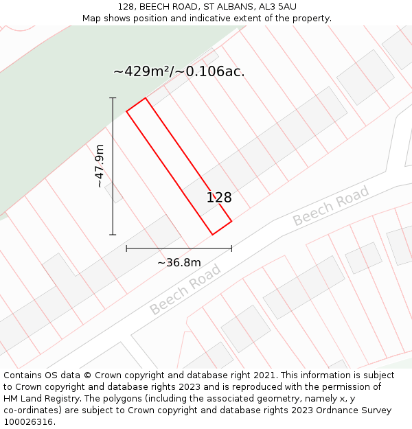128, BEECH ROAD, ST ALBANS, AL3 5AU: Plot and title map