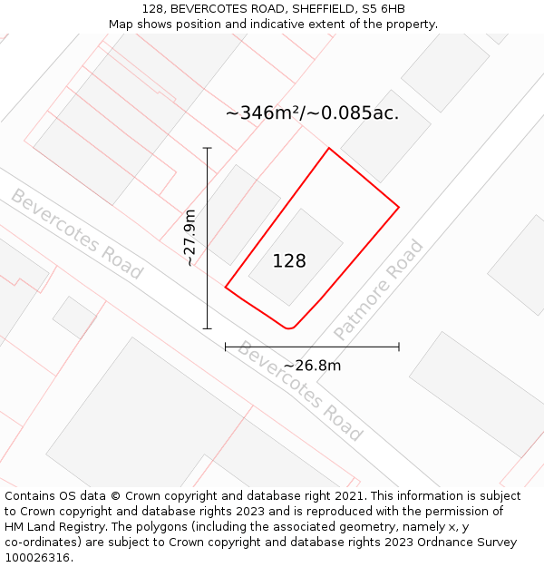 128, BEVERCOTES ROAD, SHEFFIELD, S5 6HB: Plot and title map