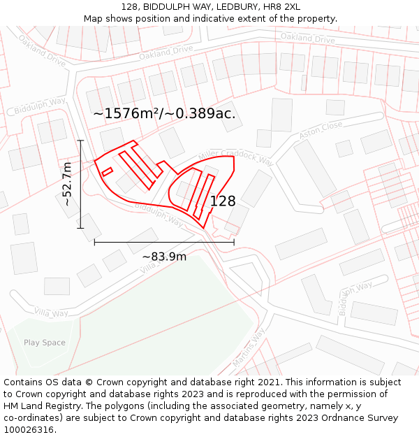 128, BIDDULPH WAY, LEDBURY, HR8 2XL: Plot and title map