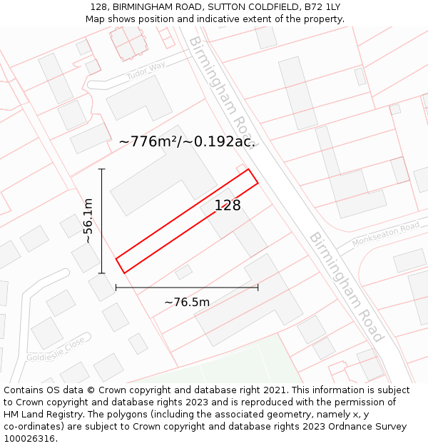 128, BIRMINGHAM ROAD, SUTTON COLDFIELD, B72 1LY: Plot and title map