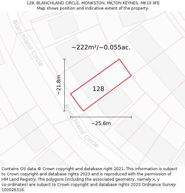 128, BLANCHLAND CIRCLE, MONKSTON, MILTON KEYNES, MK10 9FE: Plot and title map