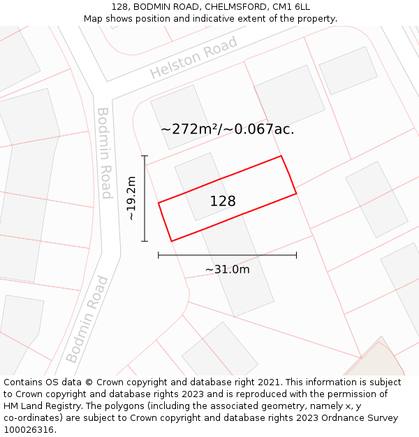 128, BODMIN ROAD, CHELMSFORD, CM1 6LL: Plot and title map